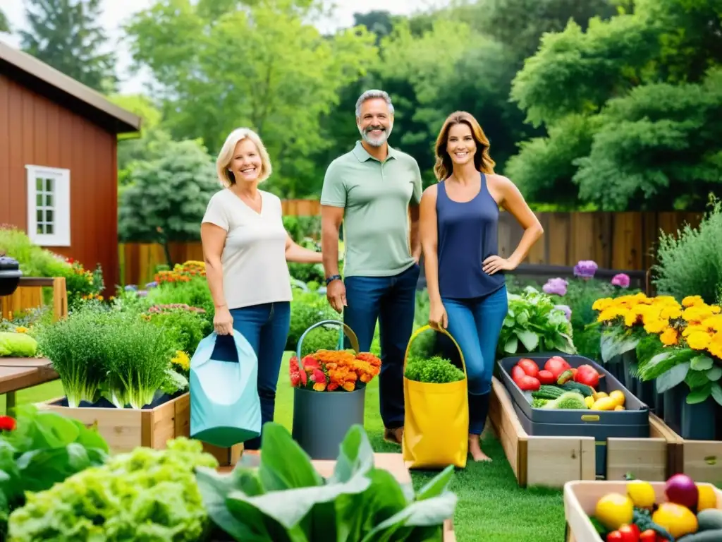 Una familia disfruta de su jardín sostenible, cuidando las plantas y recolectando productos frescos en bolsas reutilizables