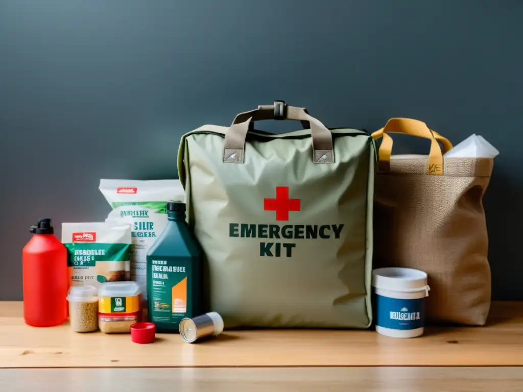 Una familia tranquila prepara un kit de emergencia en un entorno de tormenta, destacando la preparación para protección hogar clima extremo