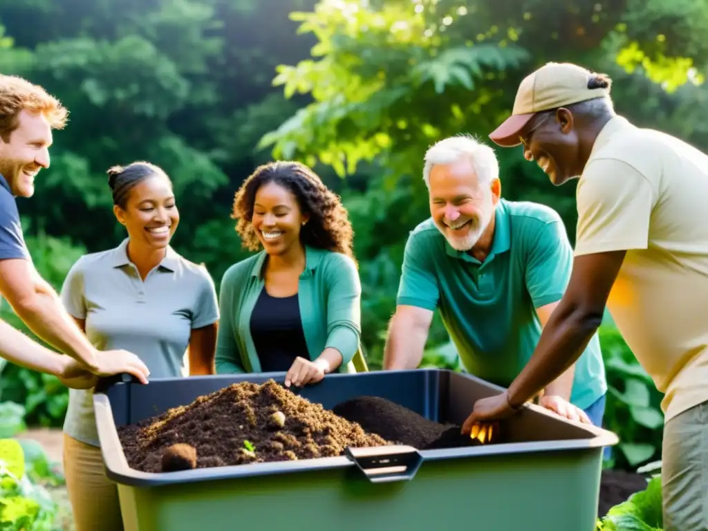 Familias, jóvenes y mayores organizan evento comunitario compostaje sostenibilidad en un jardín, creando compost oscuro y rico