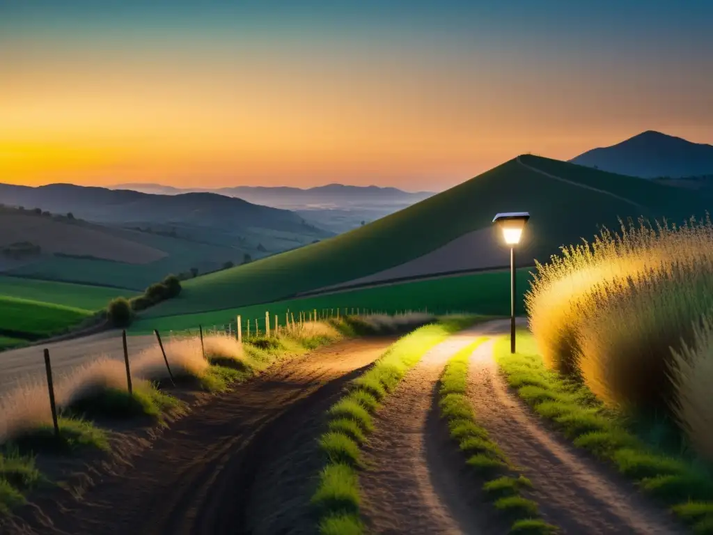 Un farol solar ilumina un sendero rural al anochecer, integrándose perfectamente en el entorno natural, brindando seguridad y calidez