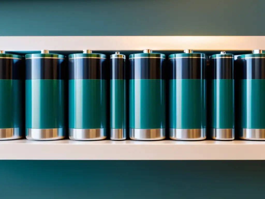 Baterías domésticas modernas: diseño elegante y eficiencia Una fila ordenada de elegantes baterías domésticas, transmitiendo modernidad y eficiencia