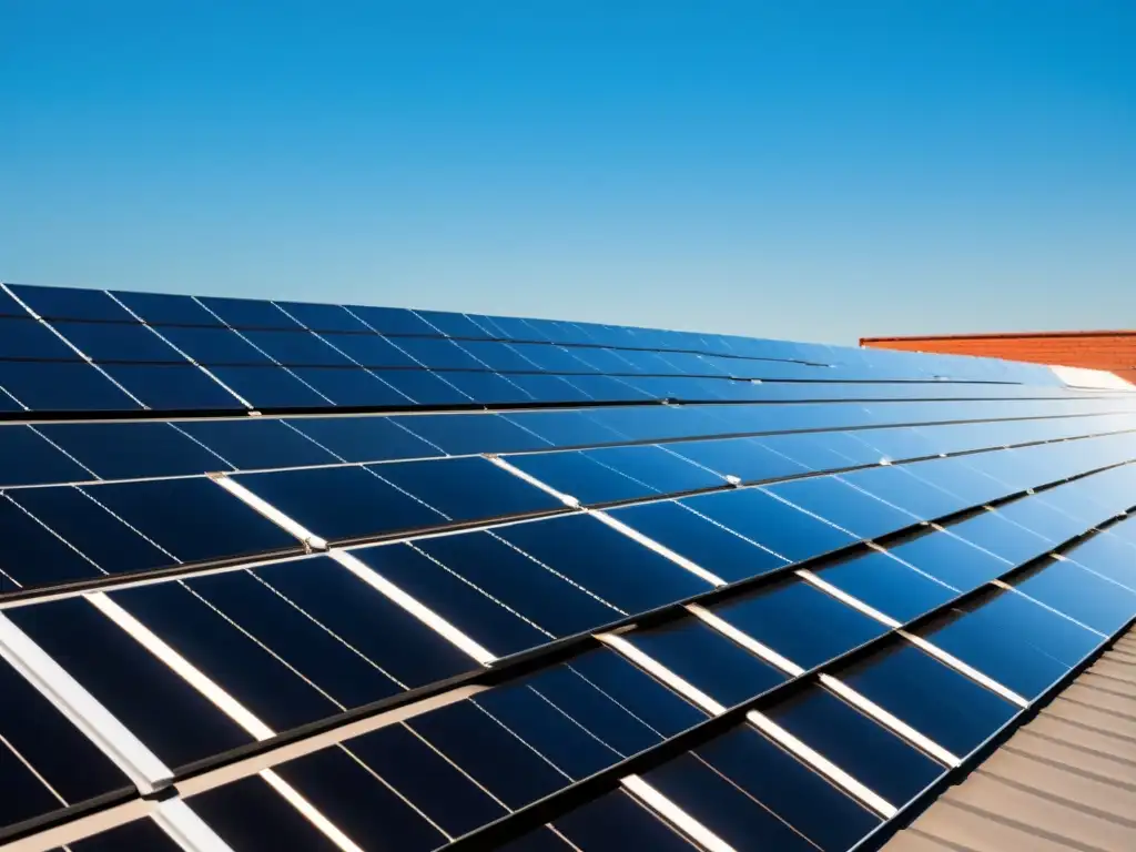 Filas ordenadas de paneles solares negros en un tejado, captando la luz del sol