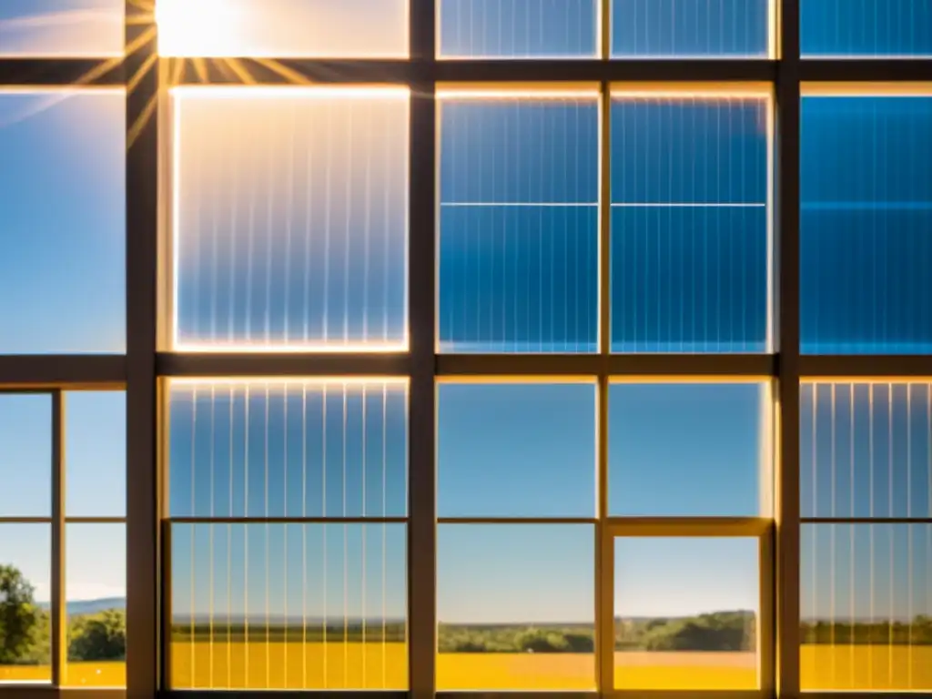 Un film solar fotovoltaico para ventanas capturando la luz del sol, creando un contraste visual impresionante en un interior minimalista y moderno