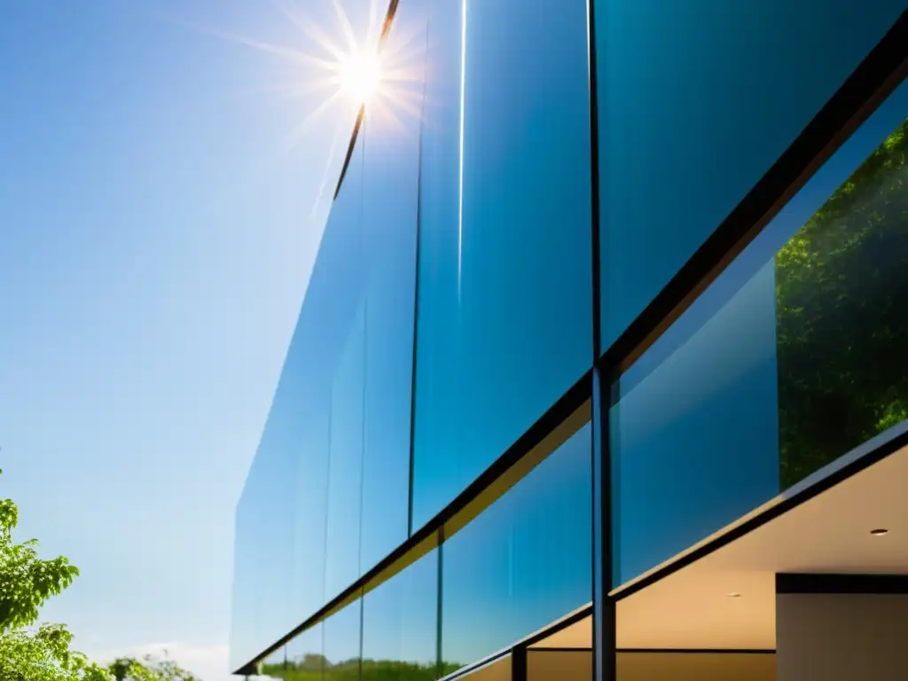 Un film solar fotovoltaico para ventanas se integra perfectamente en una fachada de vidrio arquitectónico, capturando la luz solar de forma sutil y eficiente