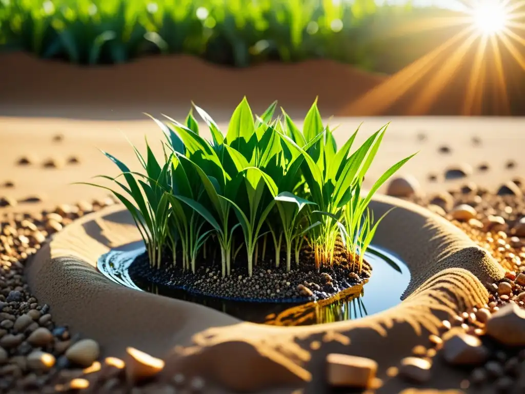 Filtros naturales de agua para riego sostenible: Imagen detallada de filtración natural con agua fluyendo a través de capas de arena, grava y plantas, resaltando claridad y armonía ambiental