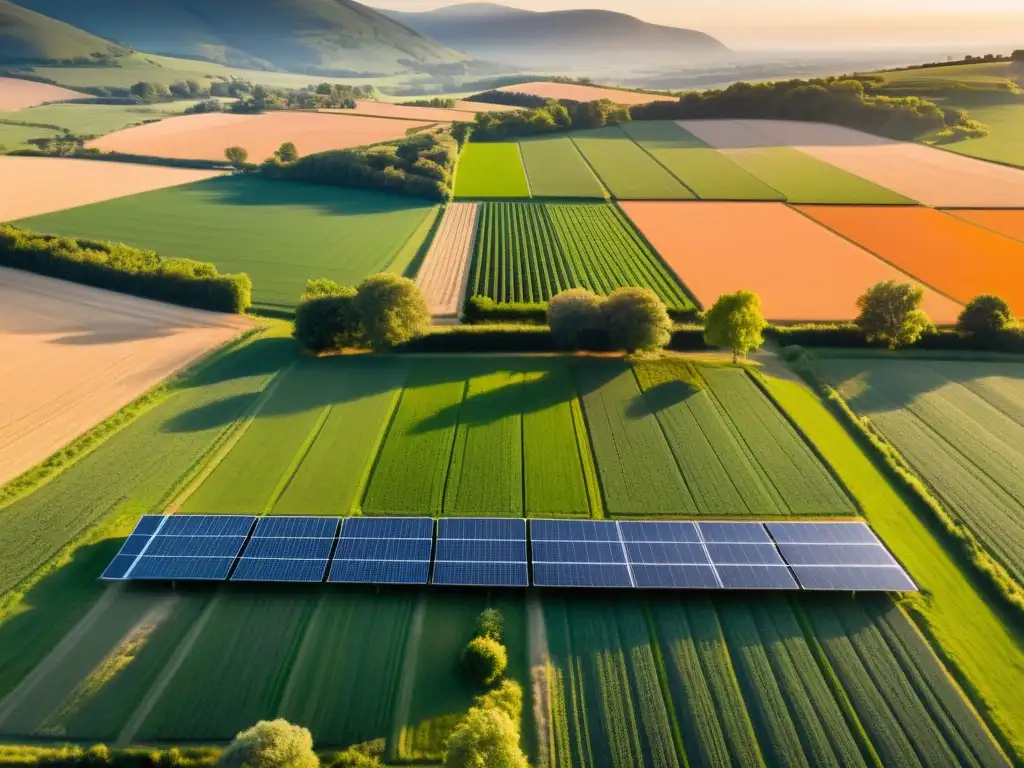 Financiamiento energía solar áreas rurales: Atardecer tranquilo en el campo con paneles solares iluminando hogares