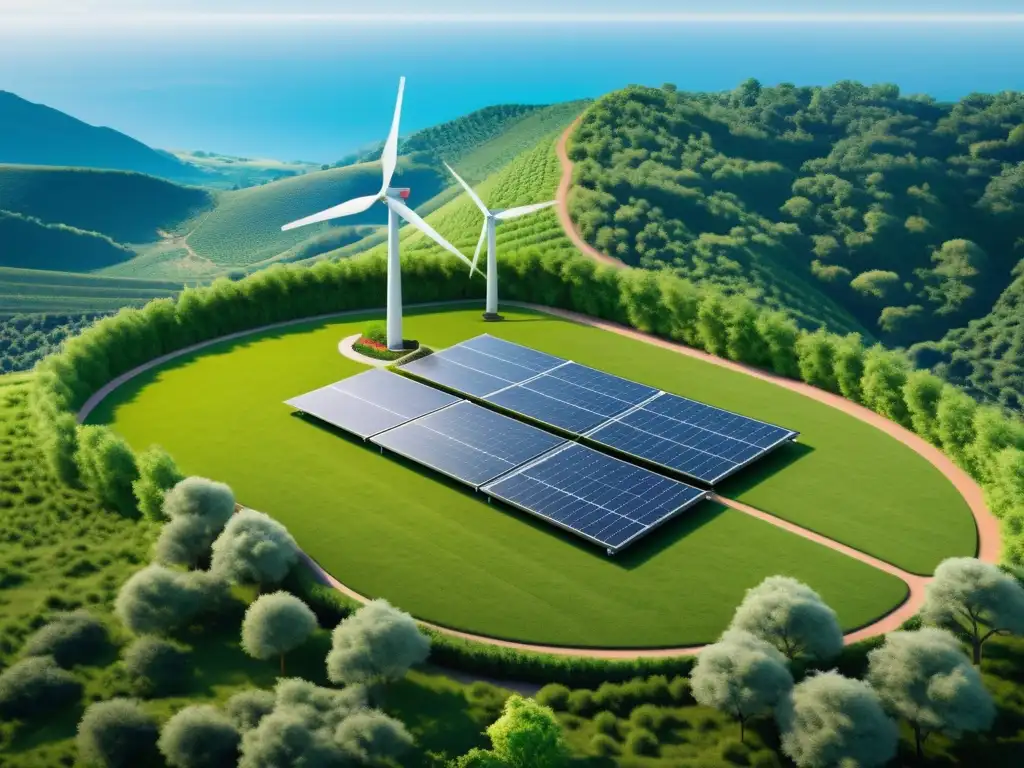 Financiamiento proyectos microgrids sostenibles: Imagen de microgrid autosuficiente con energías renovables y entorno sostenible