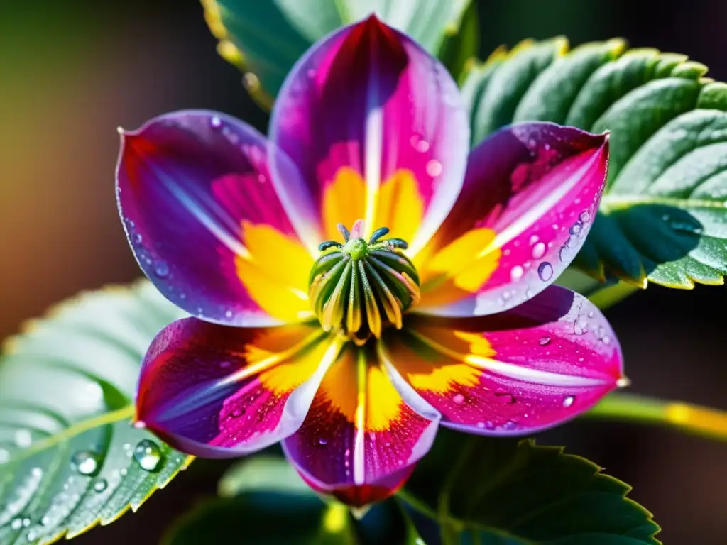 Una flor vibrante y detallada en un jardín, con gotas de rocío brillando al sol