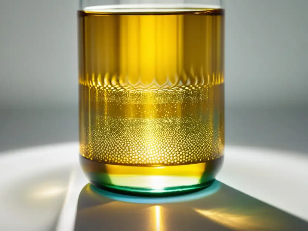 Un frasco transparente lleno de aceite vegetal usado dorado, con la luz del sol creando patrones de luz y sombra en la superficie