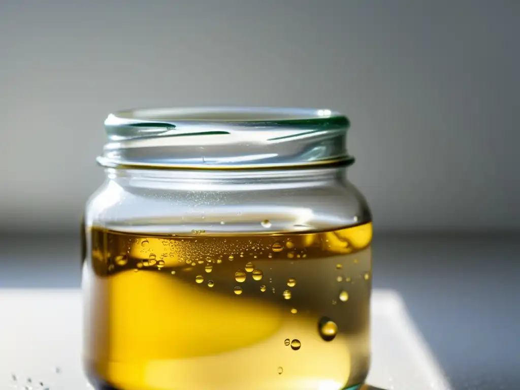 Un frasco de vidrio con aceite vegetal usado crea un patrón dorado bajo la luz del sol en una cocina blanca