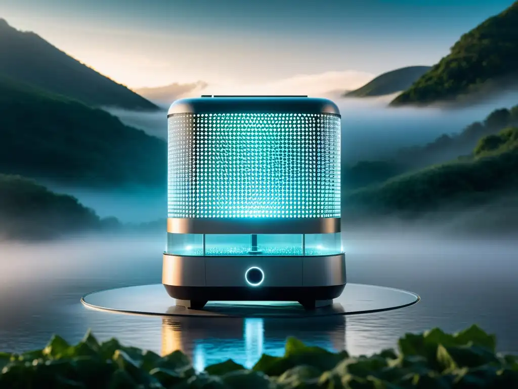 Fuente de agua innovadora sostenible: Detallada imagen de un recolector de niebla futurista en paisaje etéreo con diseño geométrico y superficies metálicas