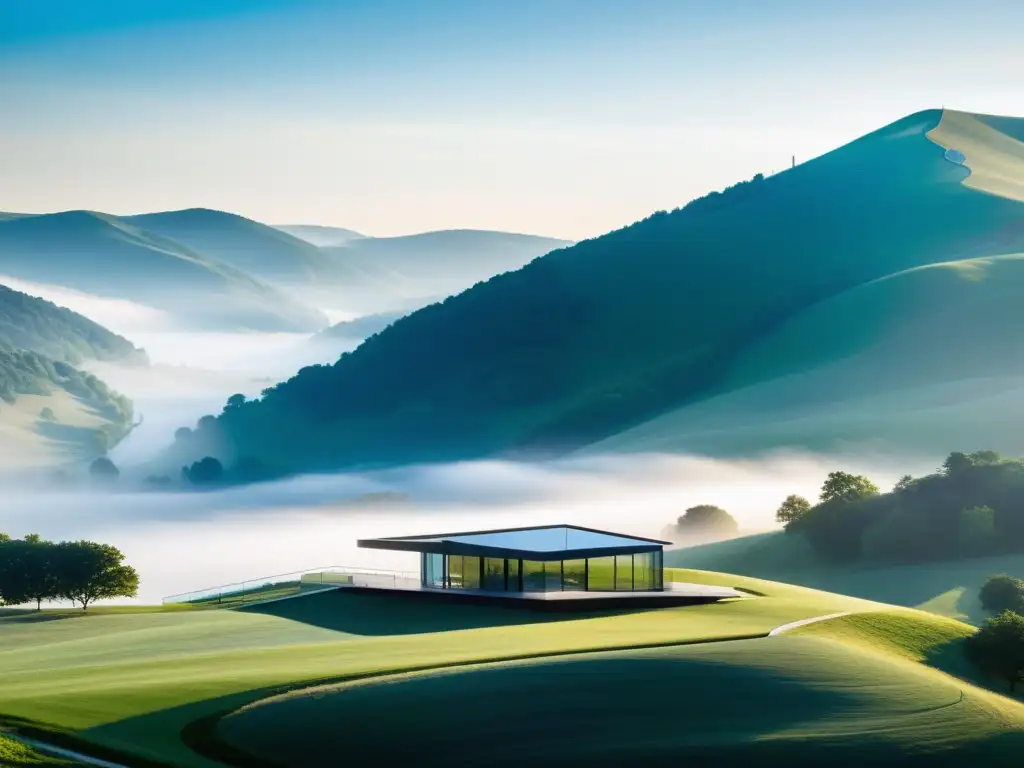 Fuente de agua innovadora sostenible: captura de niebla en paisaje sereno y moderno, con sistema ecoamigable y tecnología innovadora