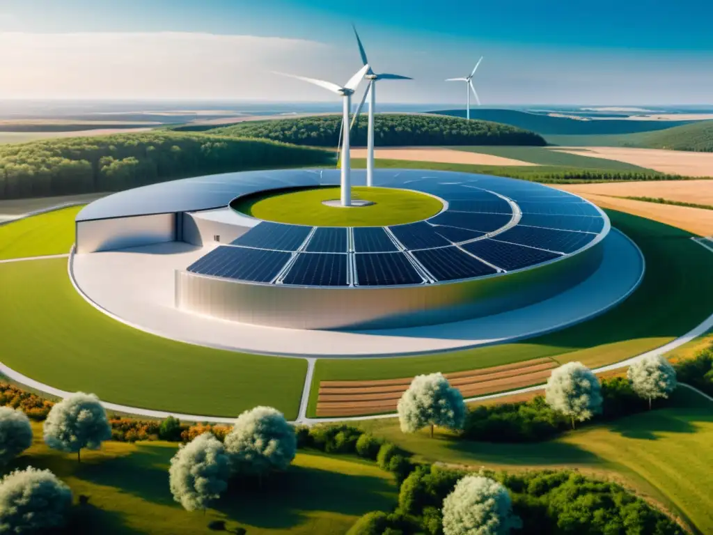 Instalación futurista de almacenamiento de energía integrada en la naturaleza, con paneles solares y turbinas eólicas