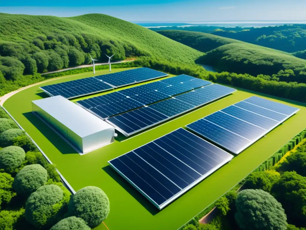 Instalación futurista de almacenamiento de energía con tecnología avanzada y paneles solares integrados, rodeada de exuberante vegetación