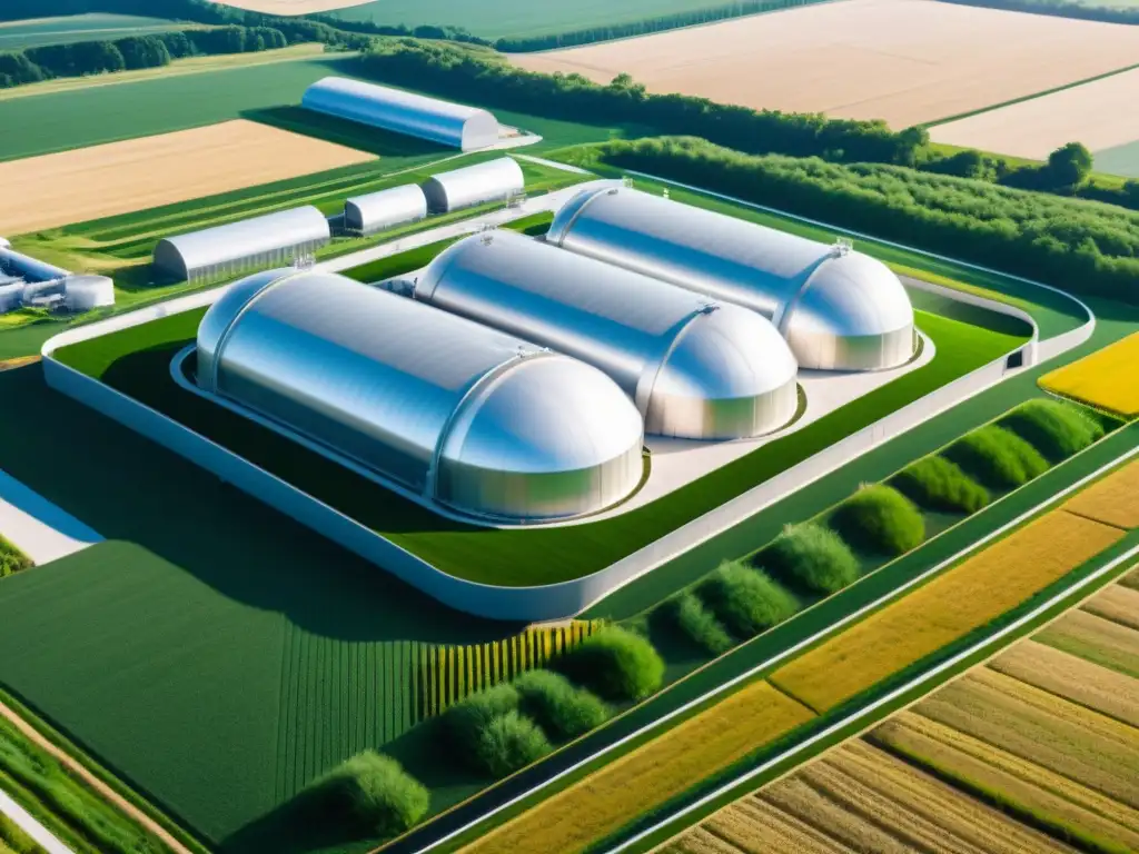 Instalación futurista de biorefinería rodeada de campos verdes, ejemplificando la producción sostenible de biocombustibles de segunda generación