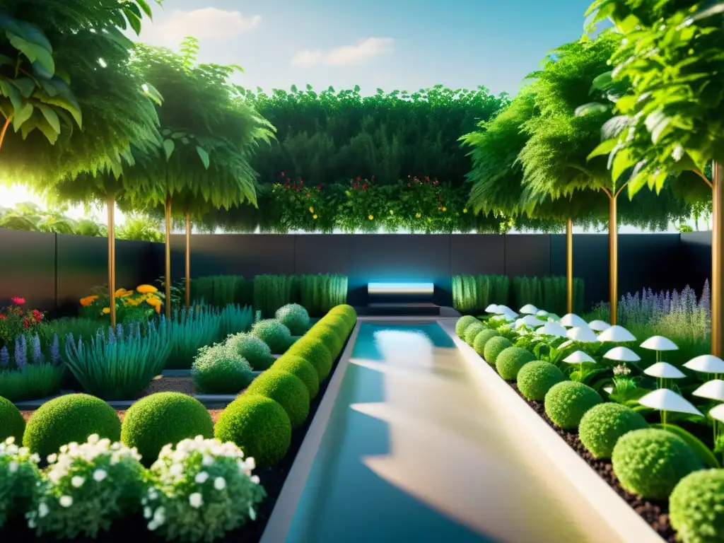 Un jardín futurista con sistemas inteligentes para riego sostenible, integrando tecnología y naturaleza en un entorno vibrante y eficiente