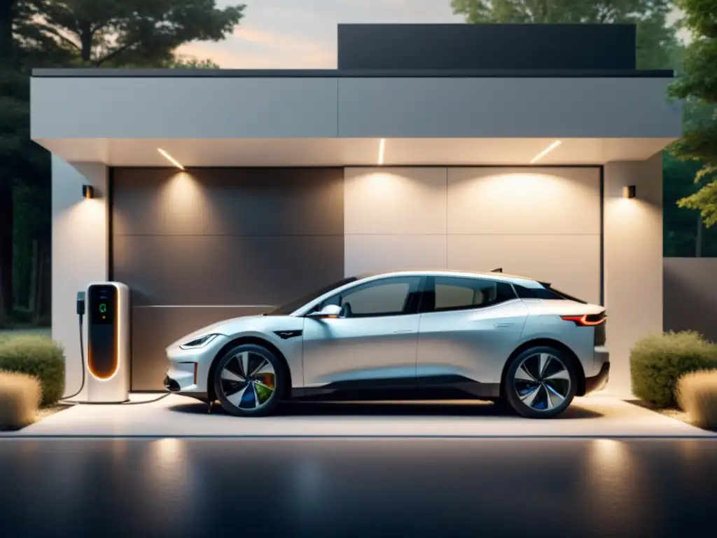 Garaje doméstico con estación de carga y almacenamiento de energía para vehículos eléctricos, integrados de forma elegante y moderna