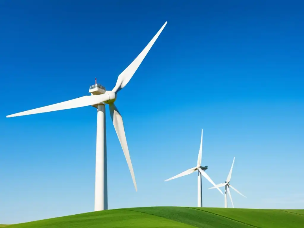 Generadores eólicos domésticos sostenibles en armonía con la naturaleza, capturados en movimiento bajo un cielo azul y colinas verdes