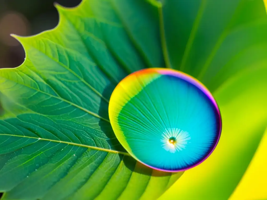 Una gota de agua cristalina descansa sobre una hoja verde vibrante, con la luz del sol creando un espectro de colores