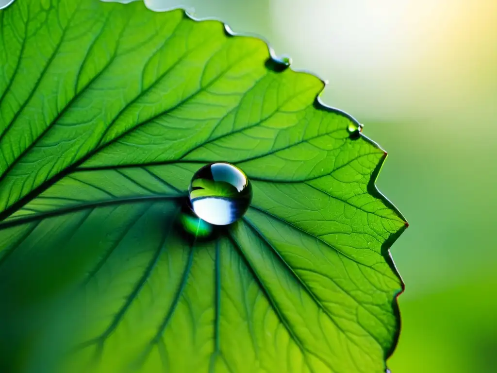 Una gota de agua cristalina suspendida sobre una hoja verde, reflejando la luz natural