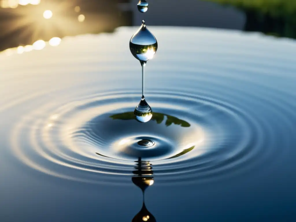 Una gota de agua cristalina suspendida en el aire, reflejando la suave luz del sol con delicadas ondulaciones en su superficie