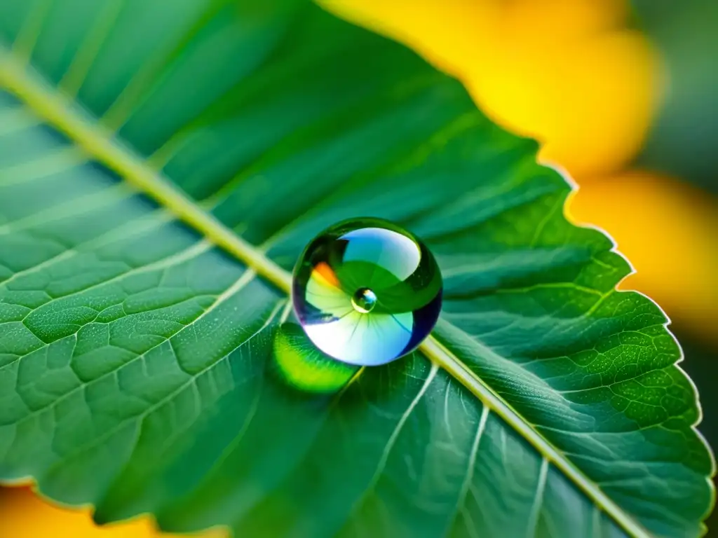 Una gota de agua en una hoja verde vibrante, reflejando la luz del sol en un espectáculo hipnotizante de refracción y dispersión