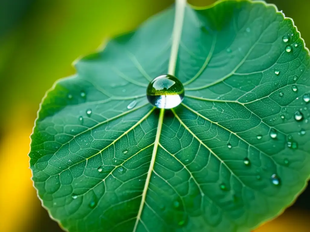 Una gota de agua en una hoja verde, con detalles ultraprecisos que capturan la luz y las venas de la hoja