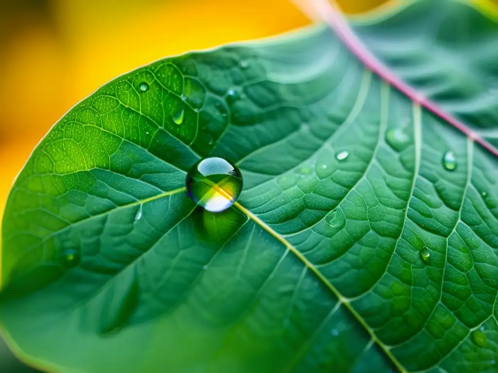 Una gota de agua en una hoja verde, reflejando la luz del sol en un jardín, ejemplifica las mejores prácticas para el riego en un jardín ecológico