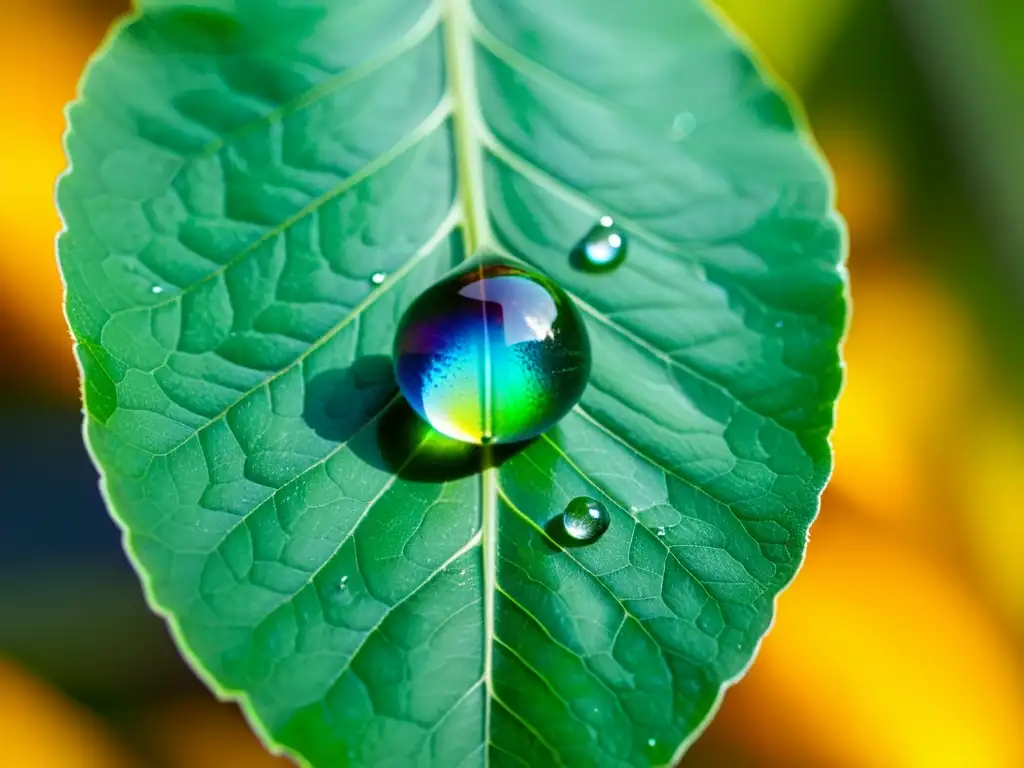 Una gota de agua suspendida en una hoja verde, refleja los colores del arcoíris