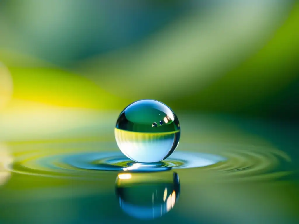 Una gota de agua transparente suspendida en el aire, reflejando el entorno con claridad