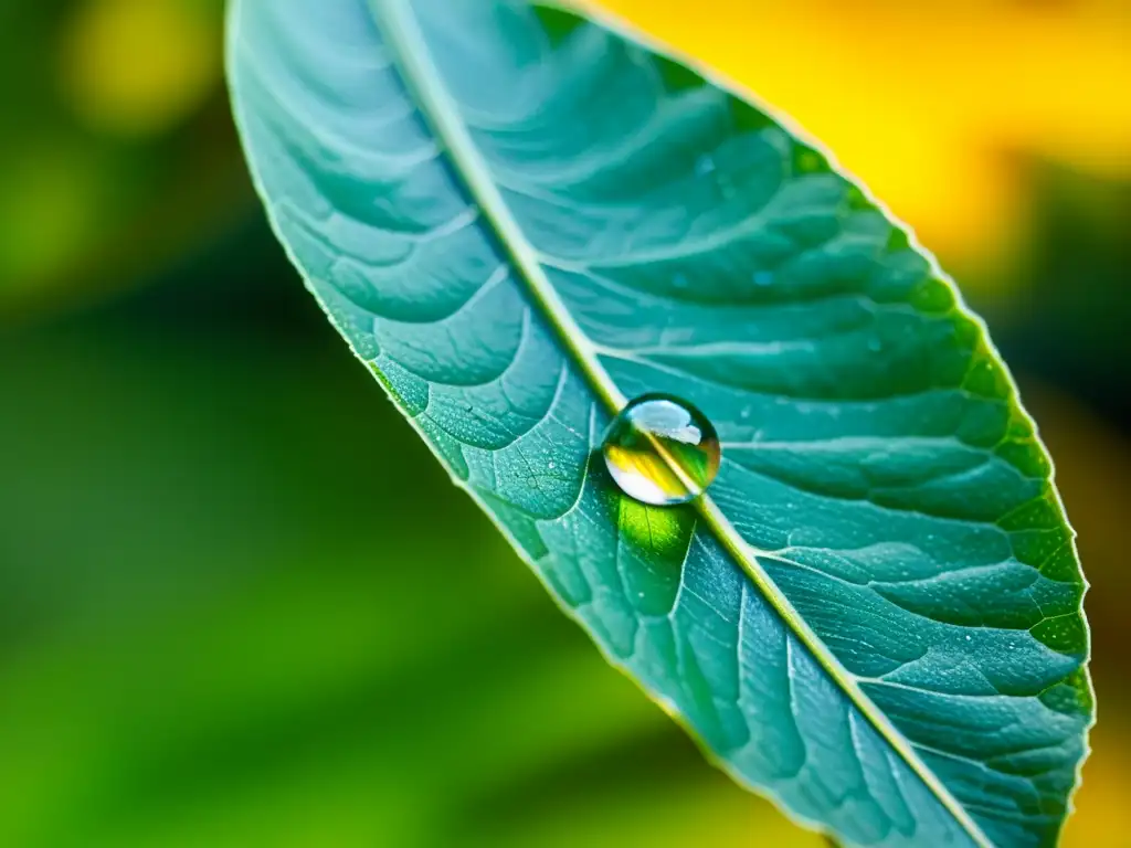 Una gota de lluvia en una hoja verde, reflejando la naturaleza