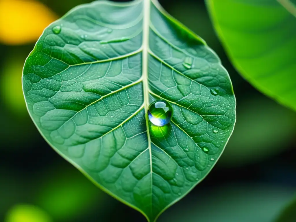 Gotas de agua sobre hoja verde, revelando filtros naturales de agua para riego sostenible