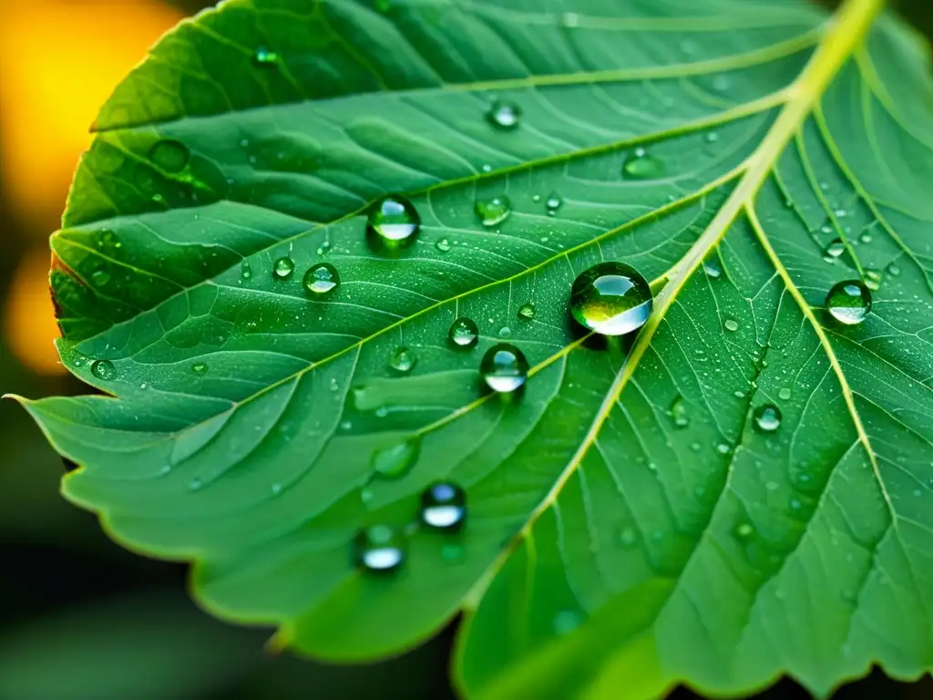 Gotas de agua en hoja verde, reflejando el entorno con detalle