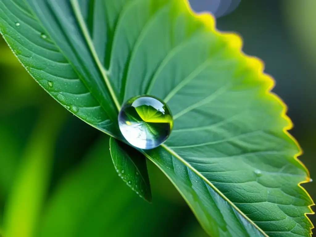 Gotas de agua pura en hoja verde, reflejando luz y naturaleza, para un hogar sostenible con materiales filtrar agua