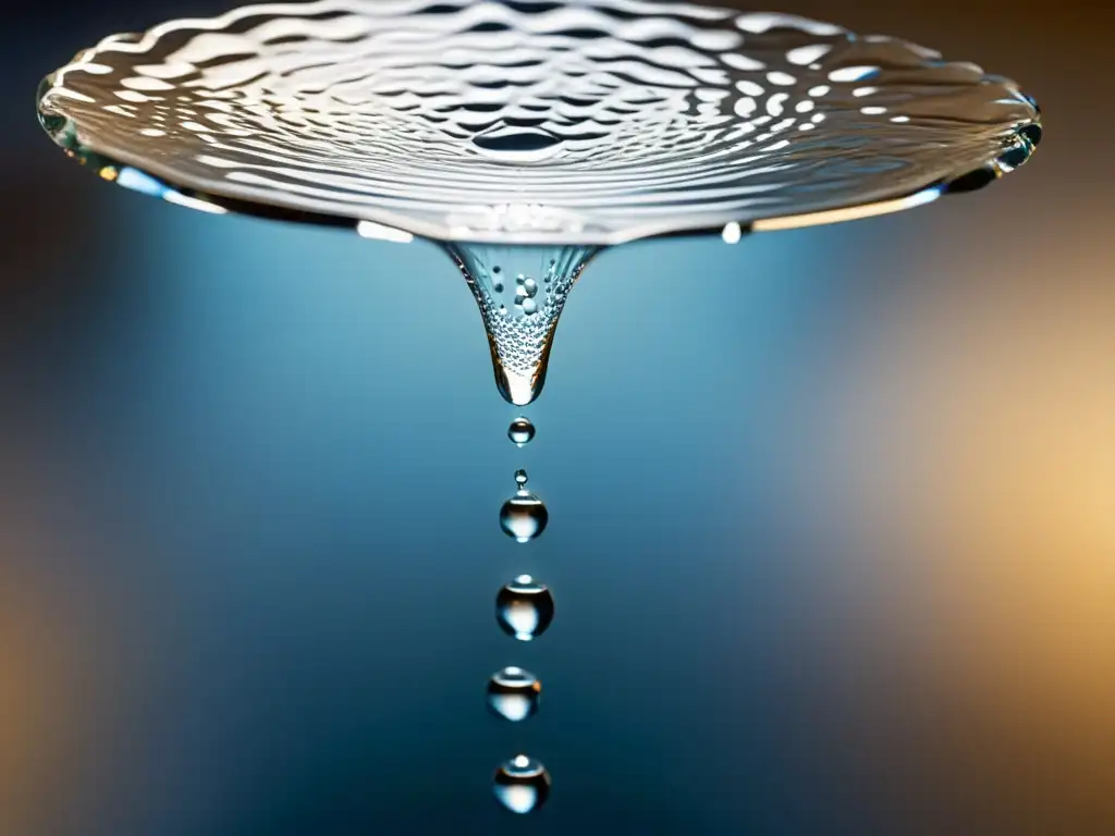 Gotas de agua cayendo en un vaso, creando ondas y reflejos, iluminadas por luz natural