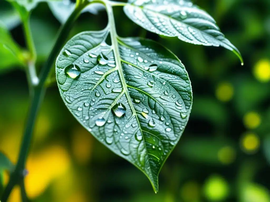 Gotas de lluvia en hojas verdes de tomate en huerto orgánico, reflejando luz solar y belleza natural