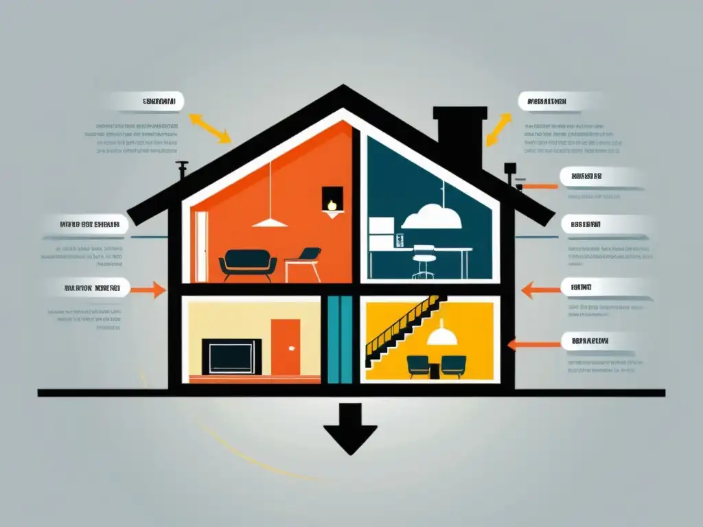Gráfico minimalista de sección transversal de casa moderna, ilustrando flujo de aire en sistemas de recuperación de calor eficientes