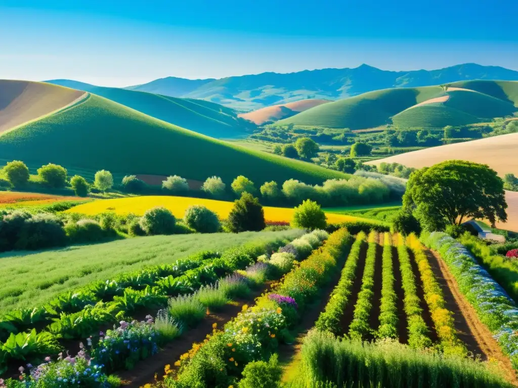 Una granja biodinámica sostenible rebosante de vida con cultivos variados y colores vibrantes bajo el sol