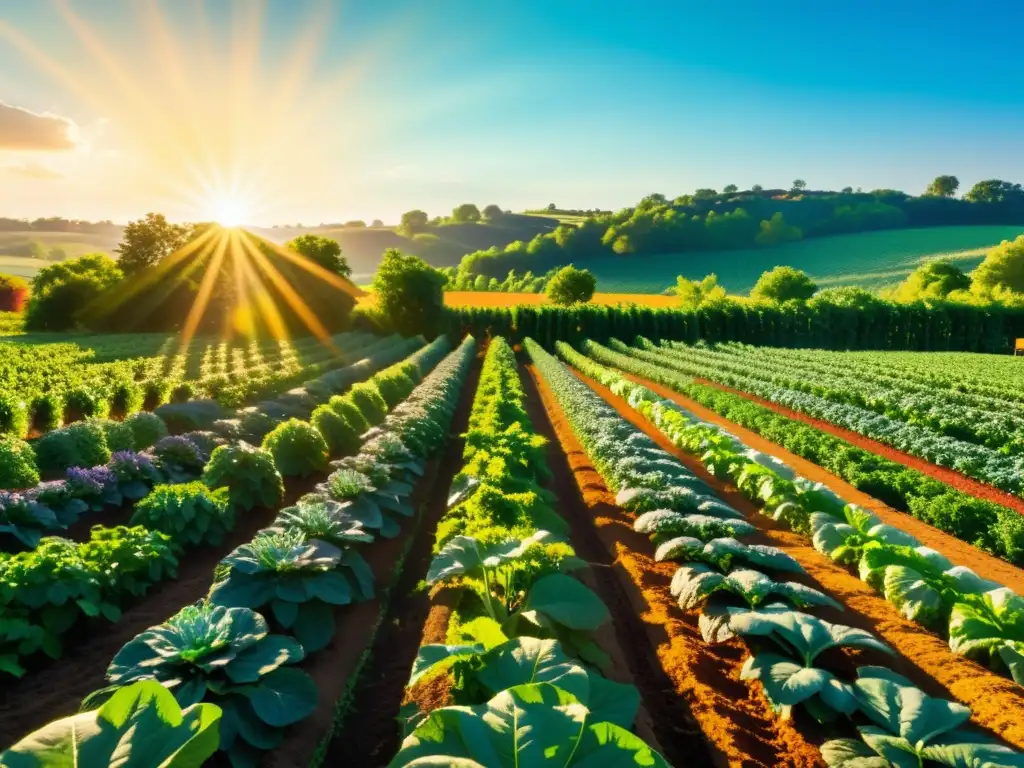 Una granja orgánica exuberante y productiva, bañada por la cálida luz del sol