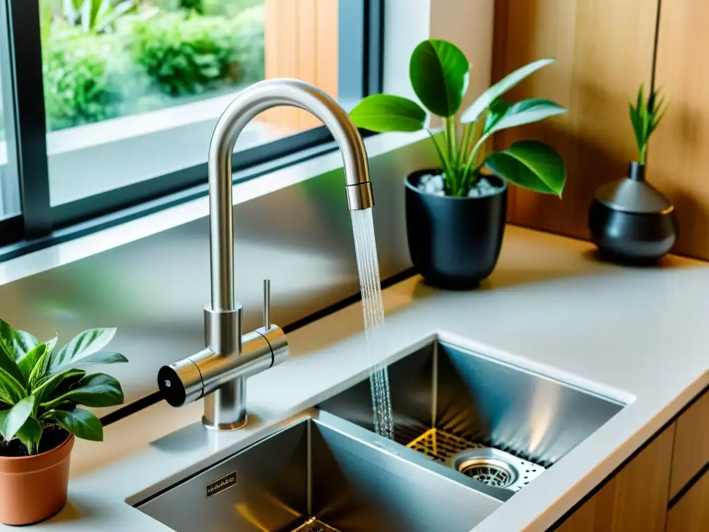 Grifo de cocina moderno con filtro de agua, rodeado de plantas verdes