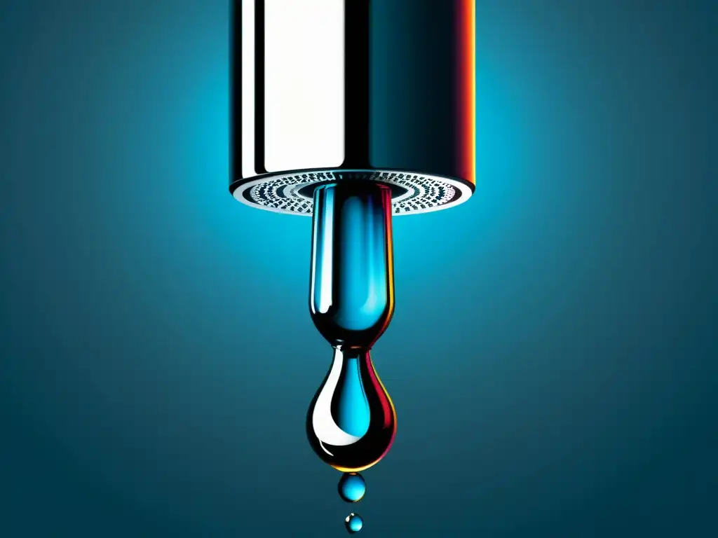 Un grifo minimalista con una gota de agua suspendida en el aire, reflejando la luz y creando un juego de colores