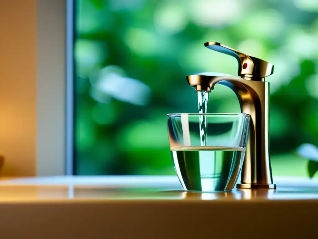 Un grifo moderno vierte agua en un vaso, simbolizando la importancia de la legislación del agua en hogares