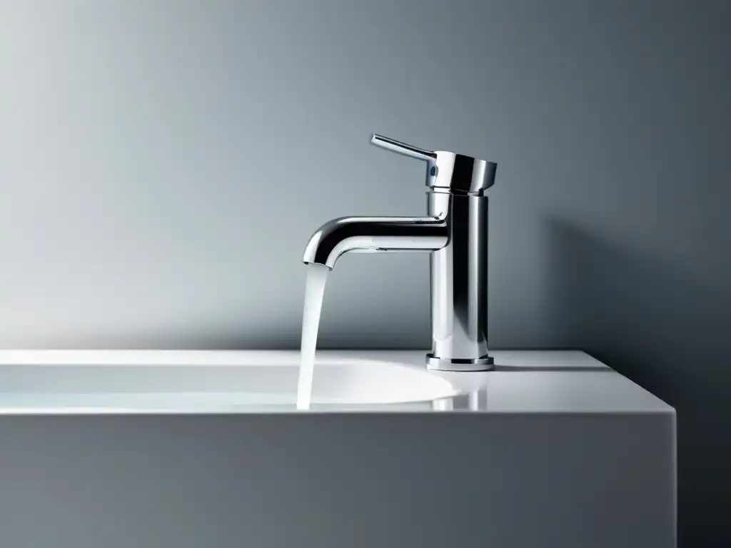 Un grifo moderno y elegante vierte suavemente agua en un lavabo blanco impecable