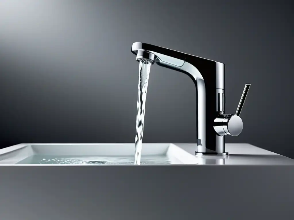 Un grifo moderno y elegante con chorro de agua en un fregadero blanco limpio, transmitiendo sostenibilidad y eficiencia