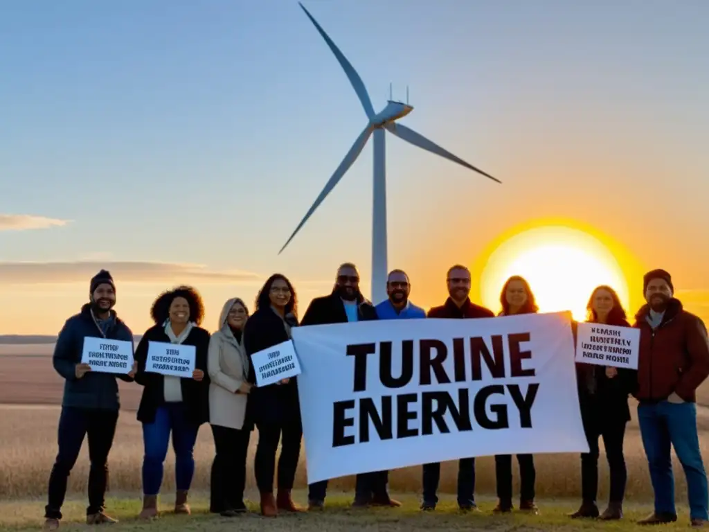 Un grupo de activistas locales defiende la energía limpia frente a un molino de viento al atardecer