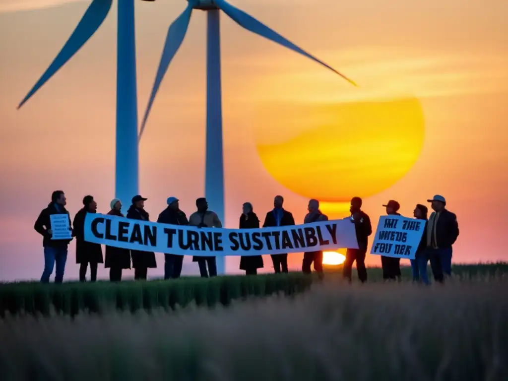 Un grupo de activistas locales frente a un aerogenerador al atardecer, transmitiendo determinación y esperanza por un futuro sostenible