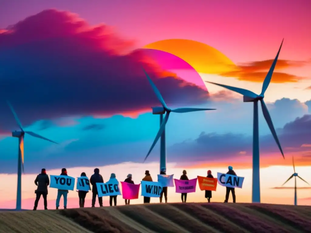 Un grupo de activistas sosteniendo pancartas coloridas con símbolos de energía renovable, frente a un parque eólico al atardecer