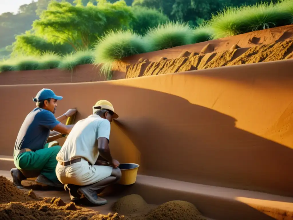 Un grupo de artesanos construyendo una pared de tierra sostenible, resaltando la belleza de la construcción sostenible con tierra