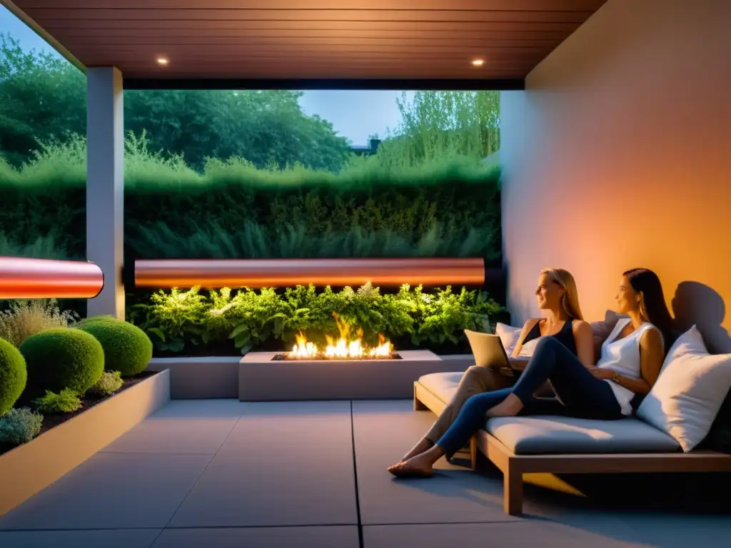 Grupo disfruta cálida terraza con modernos calentadores de infrarrojos Un grupo disfruta la calidez de calefactores infrarrojos en un patio rodeado de vegetación, creando un ambiente acogedor