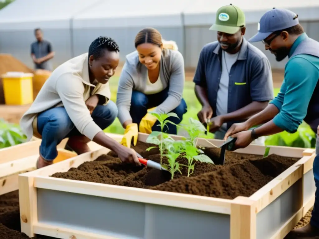 Grupo colaborativo construyendo una pequeña planta de biocombustible sostenible, resaltando la innovación y unidad comunitaria